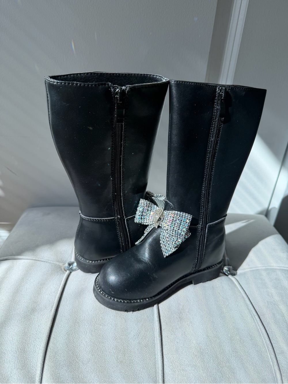 Kurt Geiger Black Kids Knee-High Boots with Rhinestone Bow